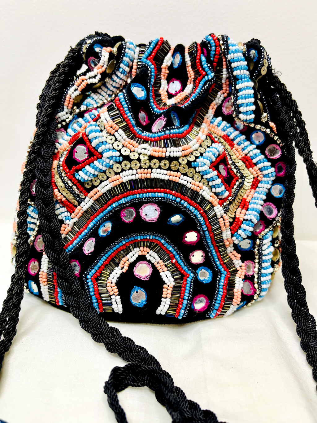 Black Mirror Potli Bag at Kamakhyaa by Pre Loved. This item is Bags, Casual Wear, For Mother, Mirror Work, Multicolor, Natural, Potli Bags