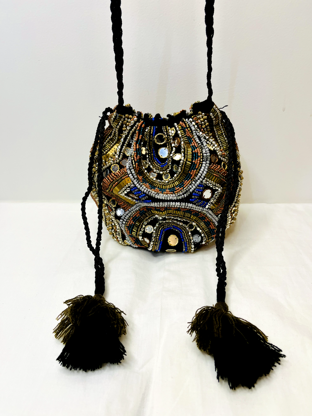 Black Multicolor Beaded Mirror Potli Bag at Kamakhyaa by Pre Loved. This item is Bags, Casual Wear, For Mother, Mirror Work, Multicolor, Natural, Potli Bags