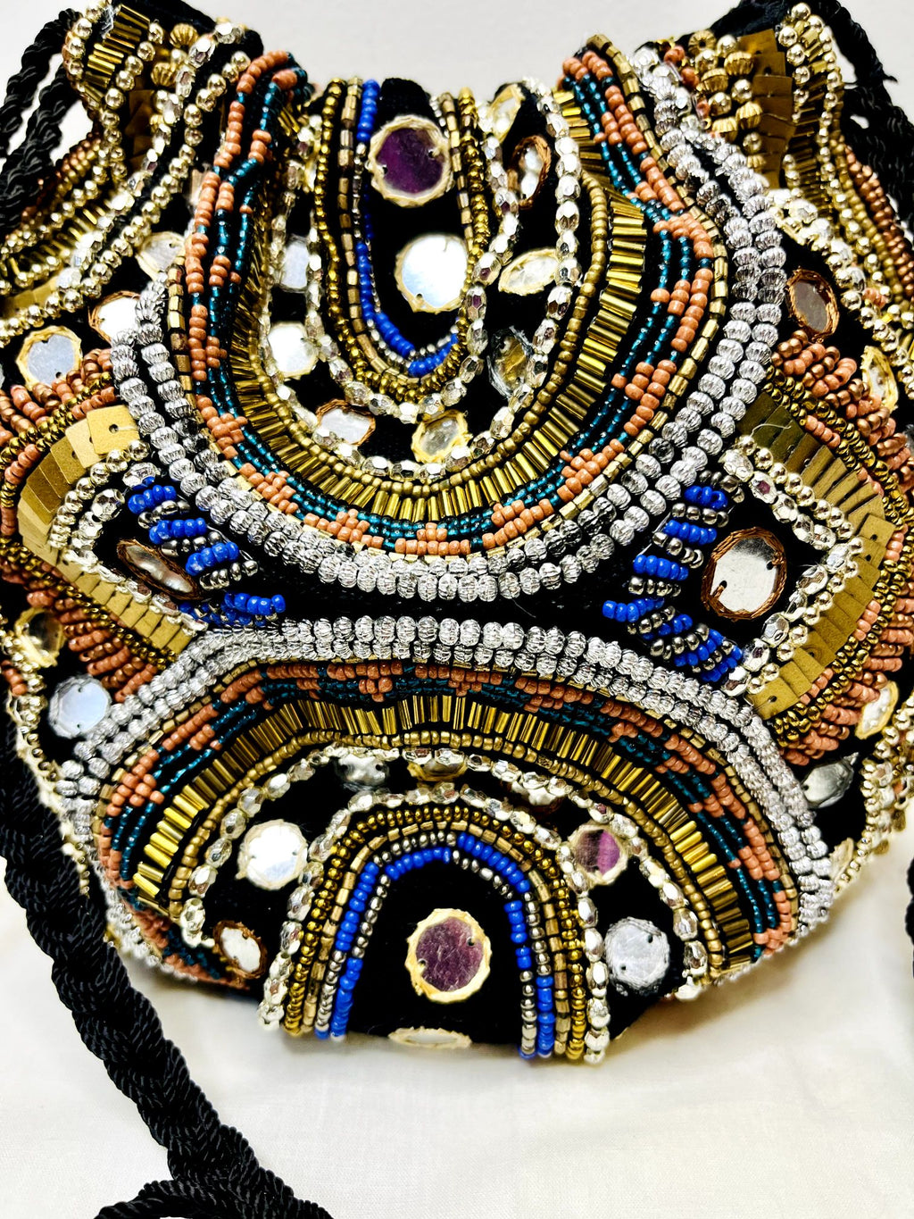 Black Multicolor Beaded Mirror Potli Bag at Kamakhyaa by Pre Loved. This item is Bags, Casual Wear, For Mother, Mirror Work, Multicolor, Natural, Potli Bags