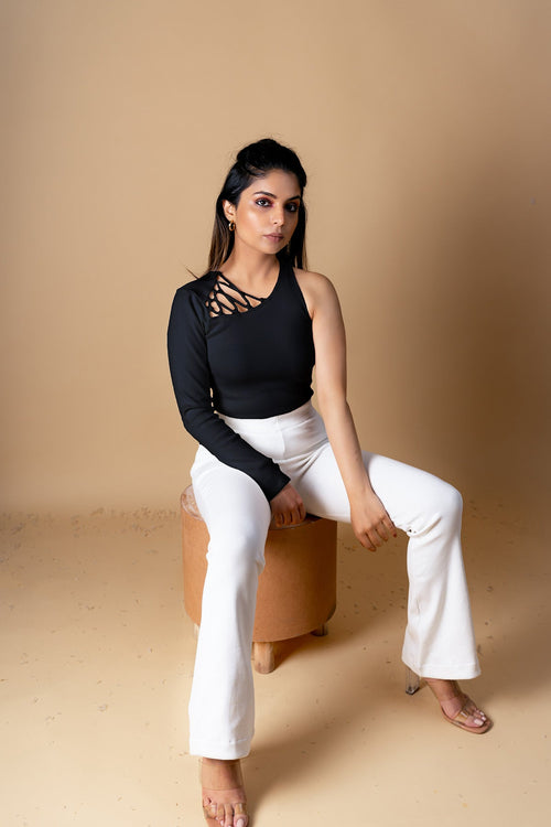 Black Off-Shoulder Top at Kamakhyaa by Meko Studio. This item is Black, Deadstock Fabrics, Evening Wear, July Sale, July Sale 2023, One Shoulder Tops, Reroot AW-21/22, Slim Fit, Solids, Womenswear