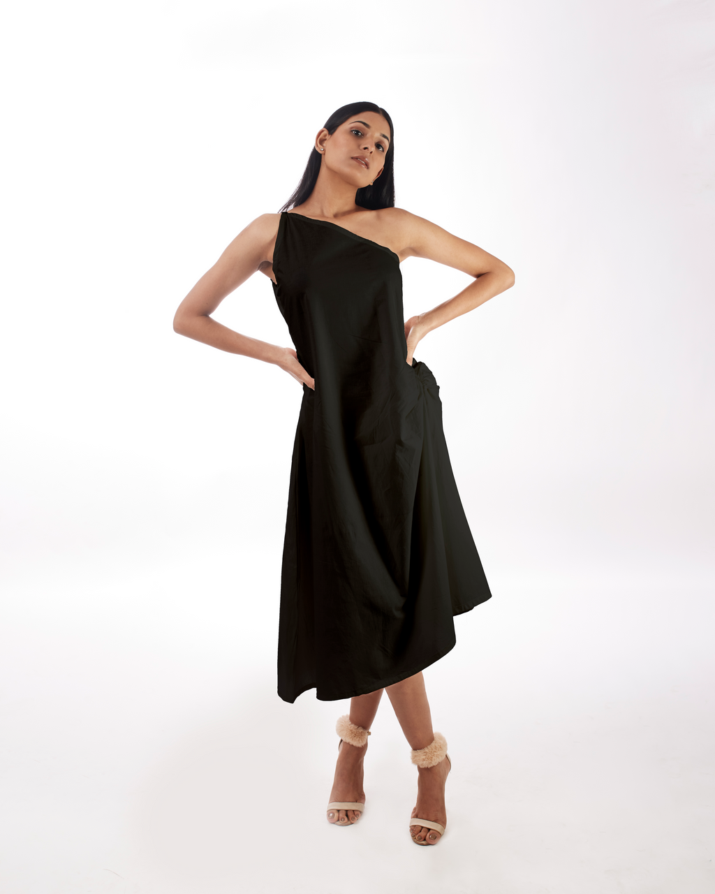 Black One Shoulder Dress at Kamakhyaa by Kamakhyaa. This item is 100% pure cotton, Black, Evening Wear, FB ADS JUNE, KKYSS, Natural, One Shoulder Dresses, Regular Fit, Solids, Summer Sutra, Womenswear