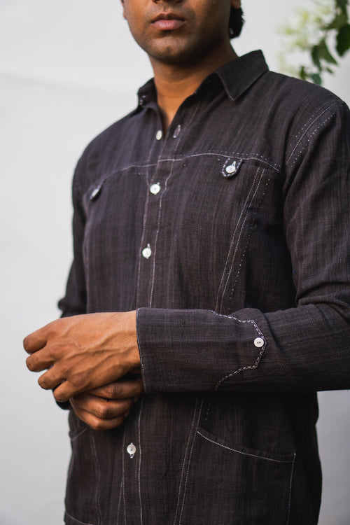 Black Panelled Shirt at Kamakhyaa by Lafaani. This item is 100% pure cotton, Black, Casual Wear, Menswear, Natural with azo free dyes, Organic, Regular Fit, Shirts, Solids, Sonder