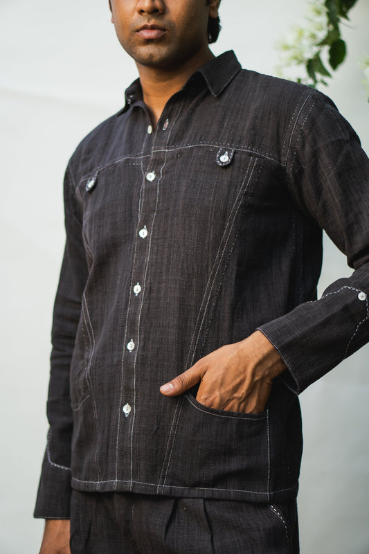 Black Panelled Shirt at Kamakhyaa by Lafaani. This item is 100% pure cotton, Black, Casual Wear, Menswear, Natural with azo free dyes, Organic, Regular Fit, Shirts, Solids, Sonder