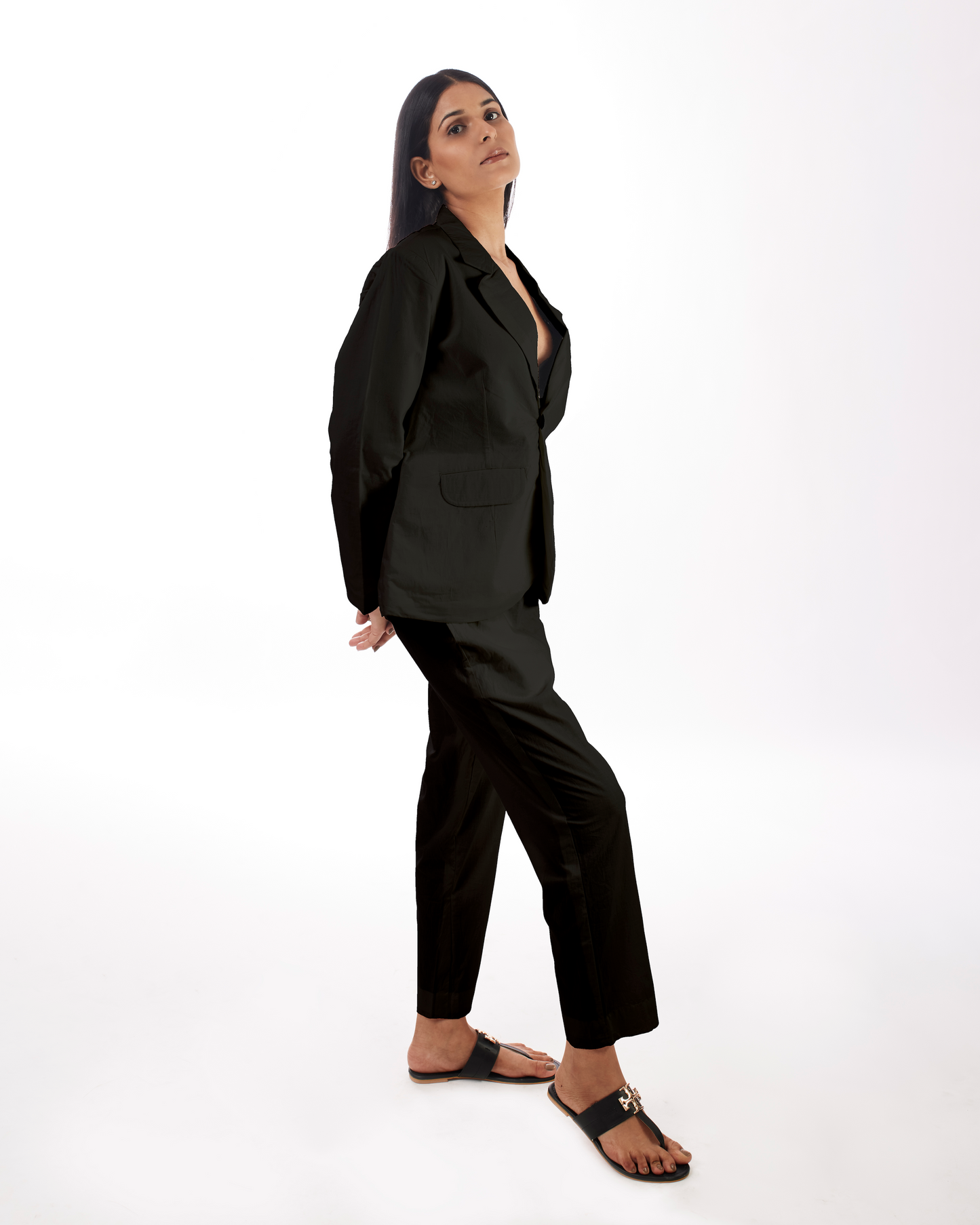 Black Power Suit Co-ord at Kamakhyaa by Kamakhyaa. This item is 100% pure cotton, Black, Co-ord Sets, KKYSS, Natural, Office, Office Wear, Office Wear Co-ords, Regular Fit, Solids, Summer Sutra, Womenswear