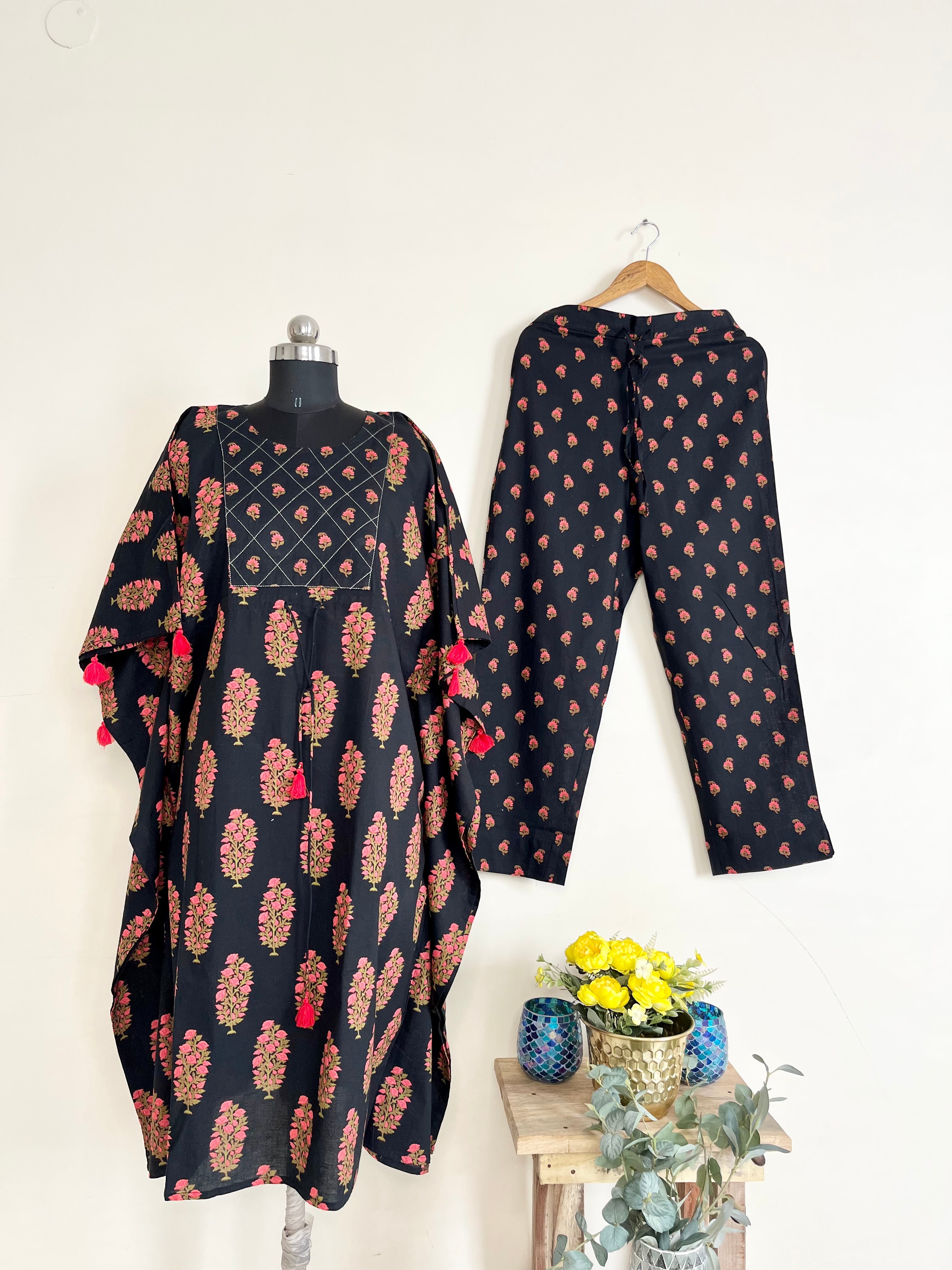 Black Printed Kaftan Set at Kamakhyaa by Kamakhyaa. This item is Black, Co-ord Sets, Cotton, Ethnic Wear, Floral, kaftan Sets, Natural, Prints, Relaxed Fit, Womenswear