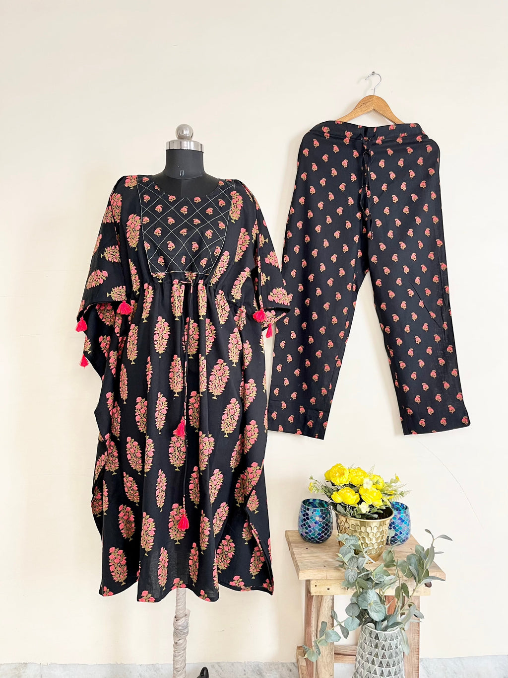 Black Printed Kaftan Set at Kamakhyaa by Kamakhyaa. This item is Black, Co-ord Sets, Cotton, Ethnic Wear, Floral, kaftan Sets, Natural, Prints, Relaxed Fit, Womenswear