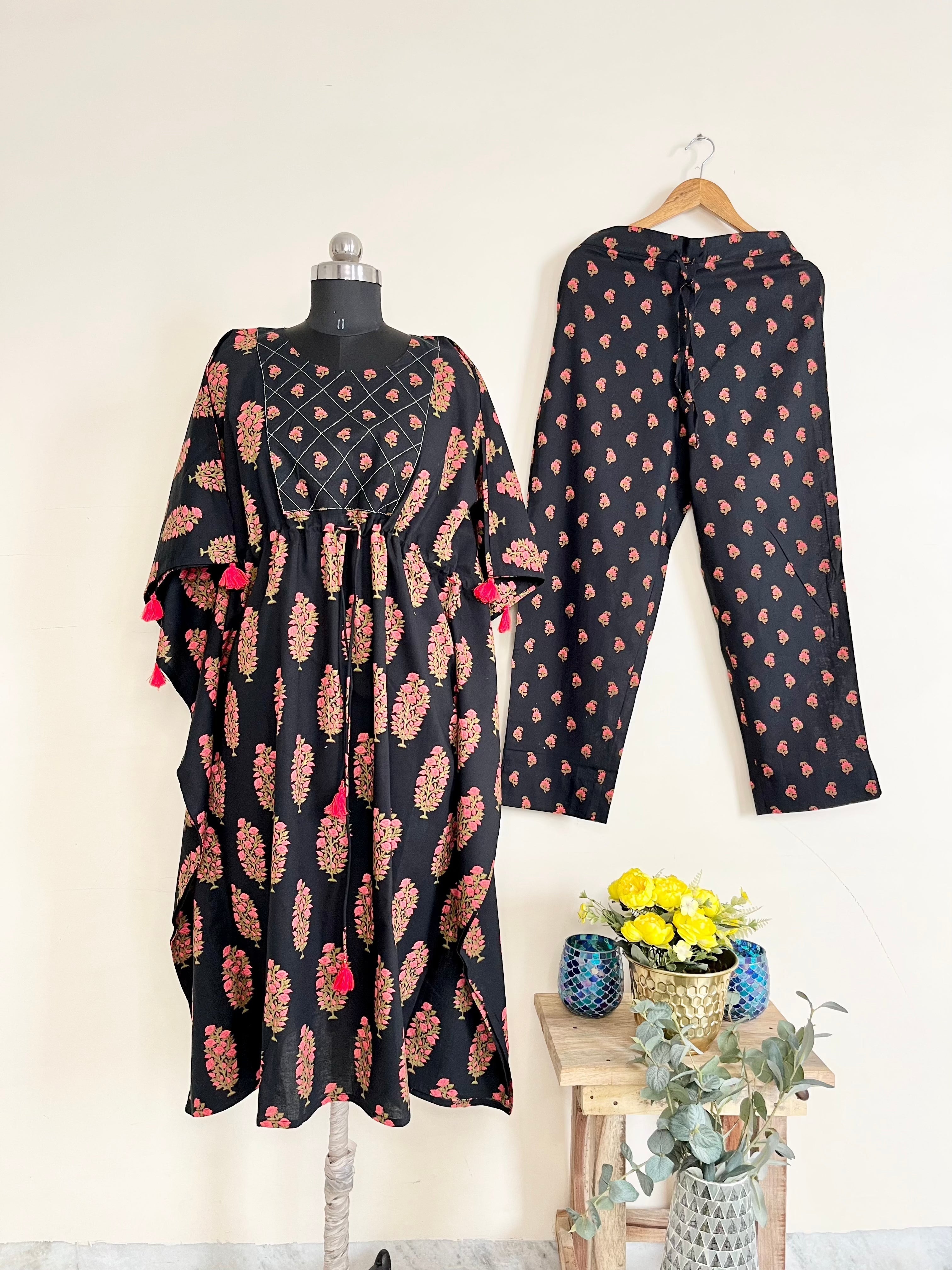 Black Printed Kaftan Set at Kamakhyaa by Kamakhyaa. This item is Black, Co-ord Sets, Cotton, Ethnic Wear, Floral, kaftan Sets, Natural, Prints, Relaxed Fit, Womenswear
