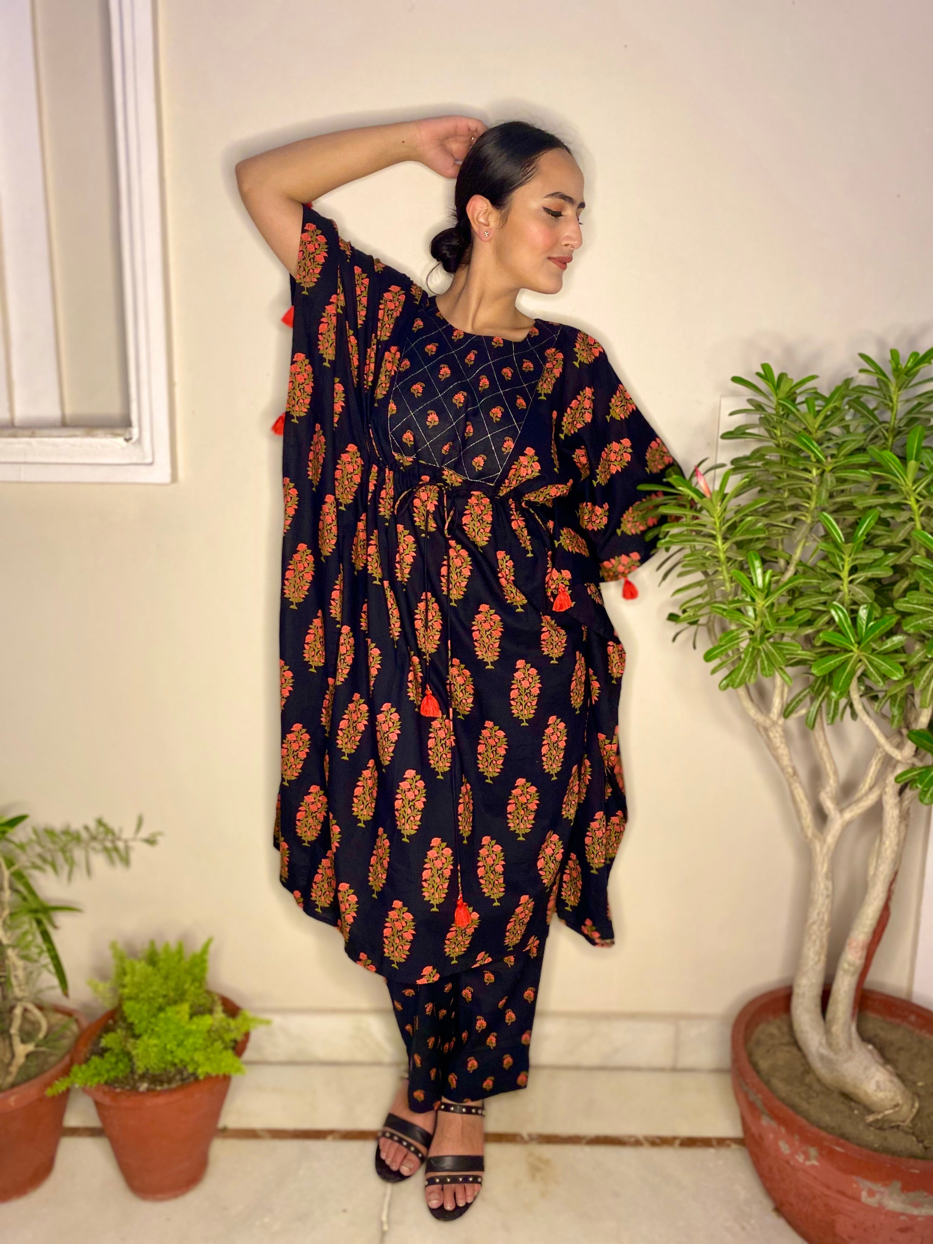 Black Printed Kaftan Set at Kamakhyaa by Kamakhyaa. This item is Black, Co-ord Sets, Cotton, Ethnic Wear, Floral, kaftan Sets, Natural, Prints, Relaxed Fit, Womenswear