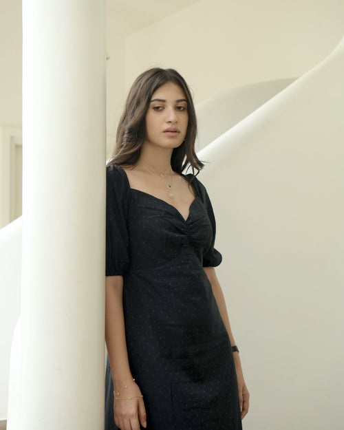 Black Printed Maxi Dress at Kamakhyaa by Taro. This item is Black, Duplicate, Evening Wear, Handwoven Cotton, Highend fashion, July Sale, July Sale 2023, Midi Dresses, Natural, Regular Fit, Solids, Wildflower Taro, Womenswear