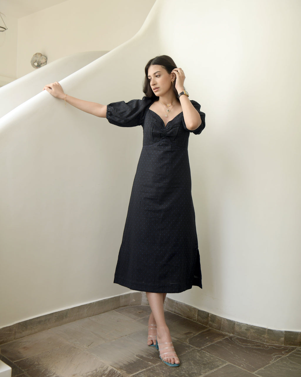 Black Printed Maxi Dress at Kamakhyaa by Taro. This item is Black, Duplicate, Evening Wear, Handwoven Cotton, Highend fashion, July Sale, July Sale 2023, Midi Dresses, Natural, Regular Fit, Solids, Wildflower Taro, Womenswear