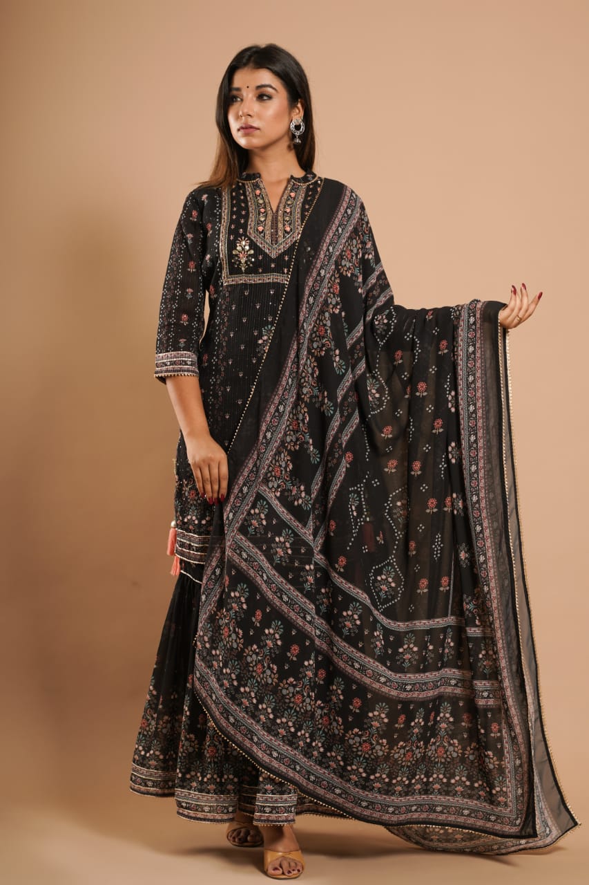 Black Sharara Set at Kamakhyaa by Kamakhyaa. This item is Black, Ethnic Wear, Georgette, Natural, Prints, Regular Fit, Sharara Sets, Shararas, Womenswear