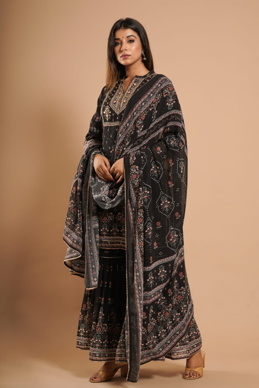 Black Sharara Set at Kamakhyaa by Kamakhyaa. This item is Black, Ethnic Wear, Georgette, Natural, Prints, Regular Fit, Sharara Sets, Shararas, Womenswear