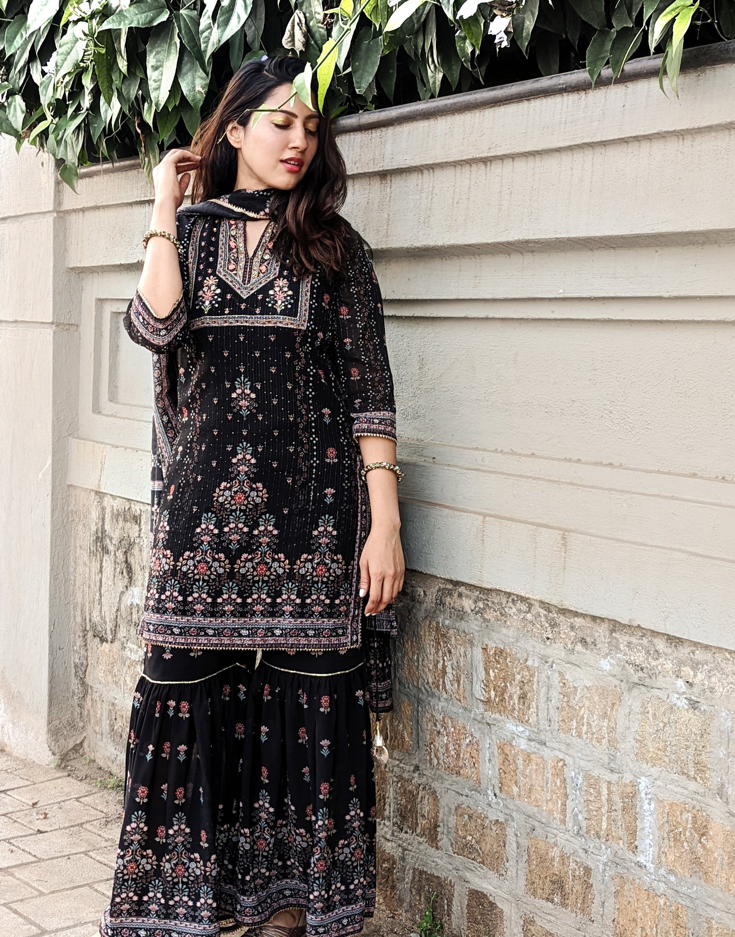 Black Sharara Set at Kamakhyaa by Kamakhyaa. This item is Black, Ethnic Wear, Georgette, Natural, Prints, Regular Fit, Sharara Sets, Shararas, Womenswear