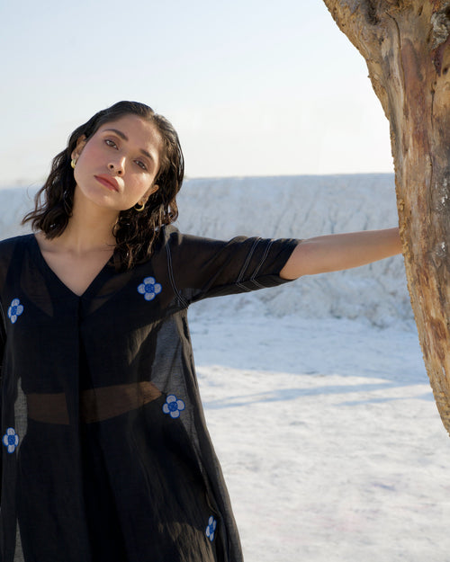 Black Silk Co-ord Set at Kamakhyaa by The Loom Art. This item is Aurora SS24, Black, Casual Wear, Chanderi Silk, Co-ord Sets, For Anniversary, July Sale, July Sale 2023, Loose Fit, Ombre & Dyes, Organic, party, Party Wear Co-ords, Relaxed Fit, Solids, Womenswear