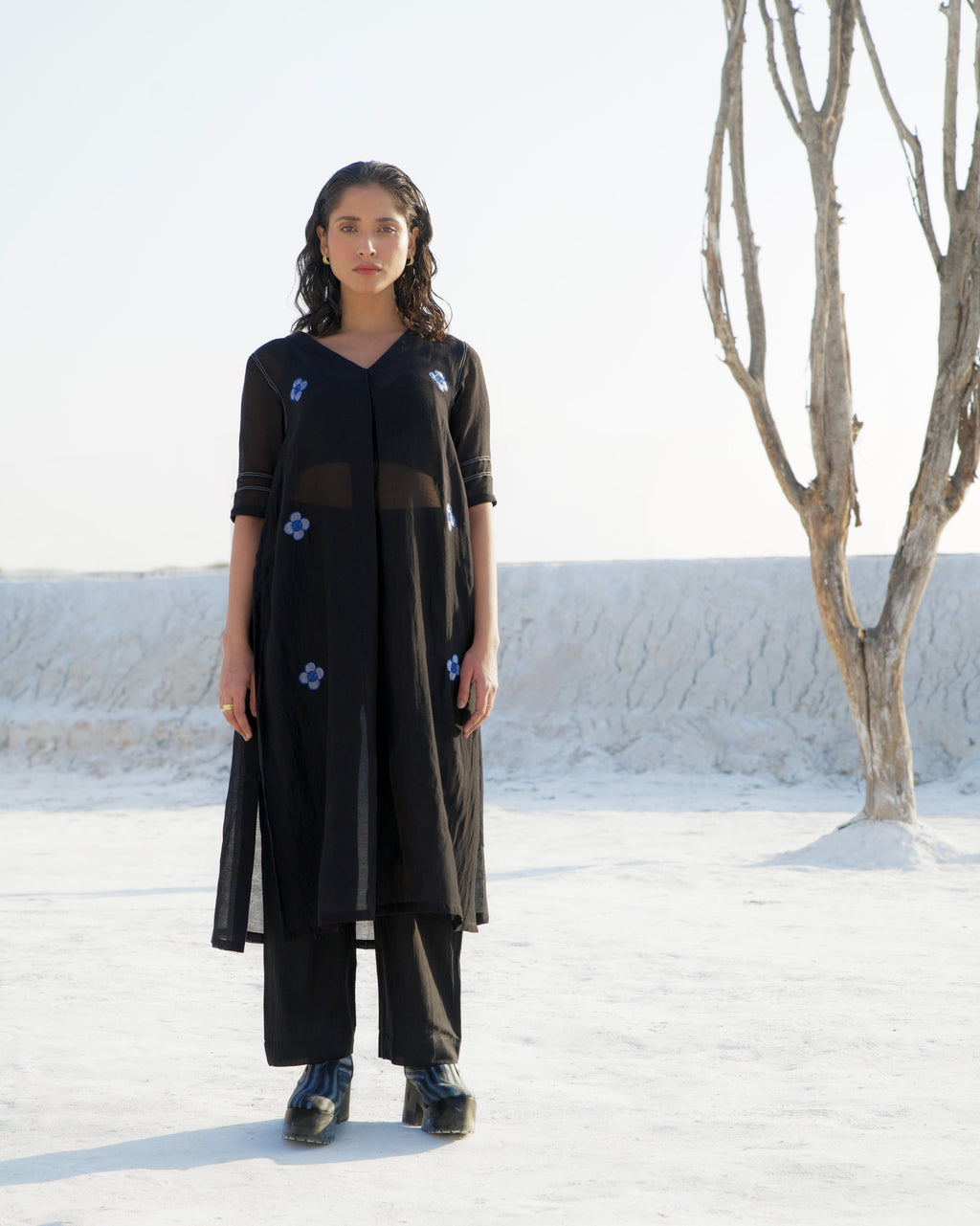 Black Silk Co-ord Set at Kamakhyaa by The Loom Art. This item is Aurora SS24, Black, Casual Wear, Chanderi Silk, Co-ord Sets, For Anniversary, July Sale, July Sale 2023, Loose Fit, Ombre & Dyes, Organic, party, Party Wear Co-ords, Relaxed Fit, Solids, Womenswear