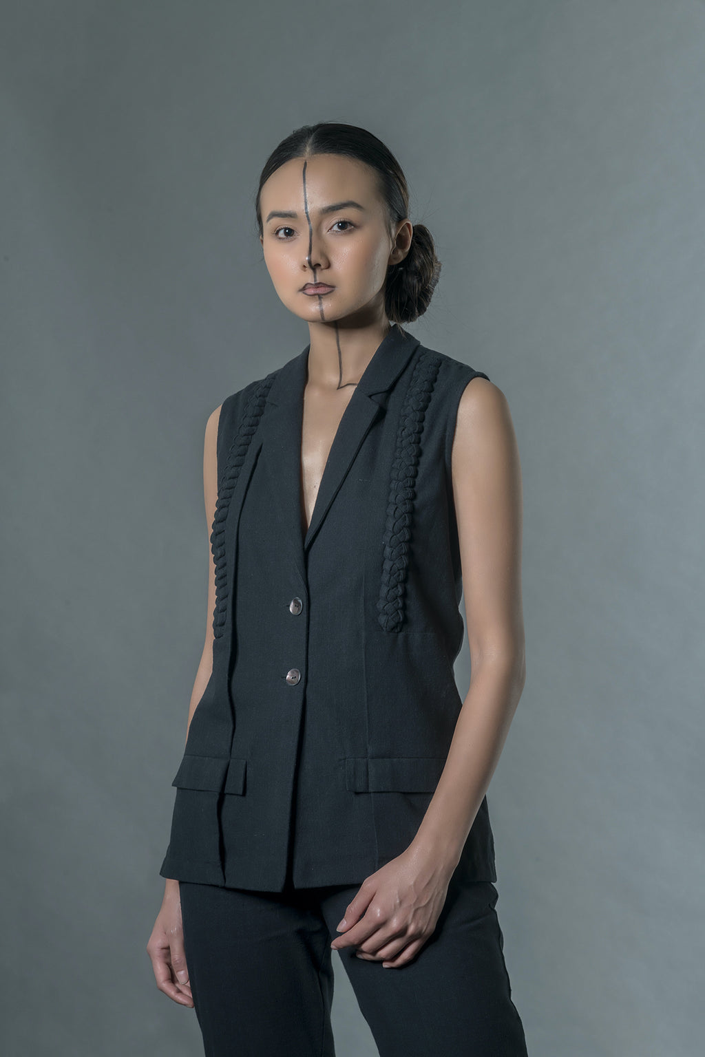Black Sleeveless Blazer at Kamakhyaa by Anushé Pirani. This item is Black, Blazers, Handwoven Jute Cotton, July Sale, July Sale 2023, Natural, Office Wear, Relaxed Fit, sale anushe pirani, Solids, The Line Tales, Womenswear
