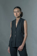 Black Sleeveless Blazer at Kamakhyaa by Anushé Pirani. This item is Black, Blazers, Handwoven Jute Cotton, July Sale, July Sale 2023, Natural, Office Wear, Relaxed Fit, sale anushe pirani, Solids, The Line Tales, Womenswear