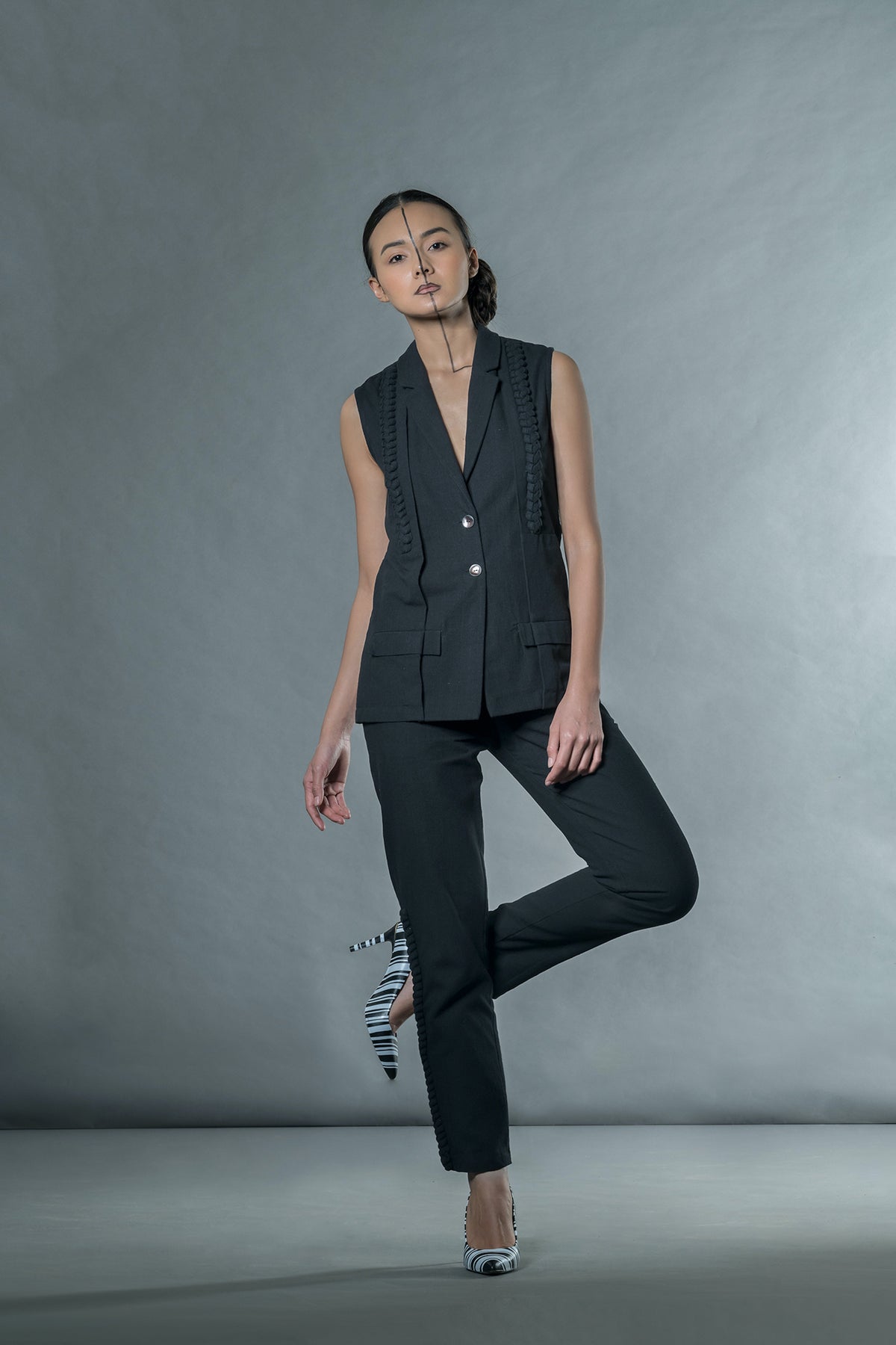 Black Sleeveless Blazer at Kamakhyaa by Anushé Pirani. This item is Black, Blazers, Handwoven Jute Cotton, July Sale, July Sale 2023, Natural, Office Wear, Relaxed Fit, sale anushe pirani, Solids, The Line Tales, Womenswear