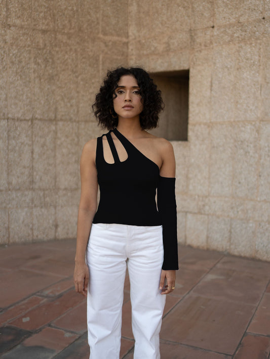 Black Sleeveless Top at Kamakhyaa by Meko Studio. This item is Black, Cotton, Evening Wear, July Sale, July Sale 2023, Lycra, One Shoulder Tops, Sleeveless Tops, Slim Fit, Solids, Sourced from dead stock yarns, Tops, Tranquil AW-22/23, Womenswear