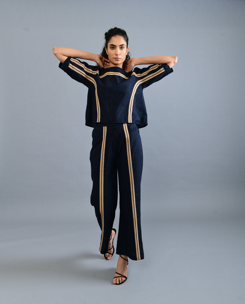Black Solid Co-ord Set at Kamakhyaa by Rias Jaipur. This item is Black, Casual Wear, Co-ord Sets, Handloom Cotton, Handspun, Handwoven, Hue, Office, Office Wear Co-ords, Regular Fit, Solids, Stripes, Womenswear