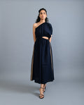 Black Solid Midi Dress at Kamakhyaa by Rias Jaipur. This item is Black, Casual Wear, Handloom Cotton, Handspun, Handwoven, Hue, Midi Dresses, One Shoulder Dresses, Relaxed Fit, Solids, Stripes, Womenswear