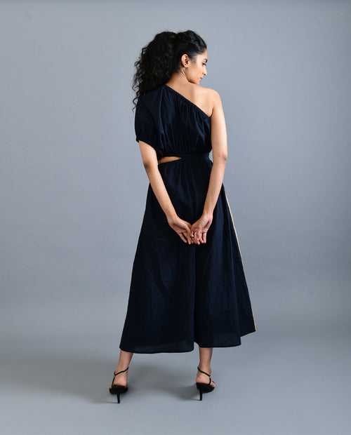 Black Solid Midi Dress at Kamakhyaa by Rias Jaipur. This item is Black, Casual Wear, Handloom Cotton, Handspun, Handwoven, Hue, Midi Dresses, One Shoulder Dresses, Relaxed Fit, Solids, Stripes, Womenswear