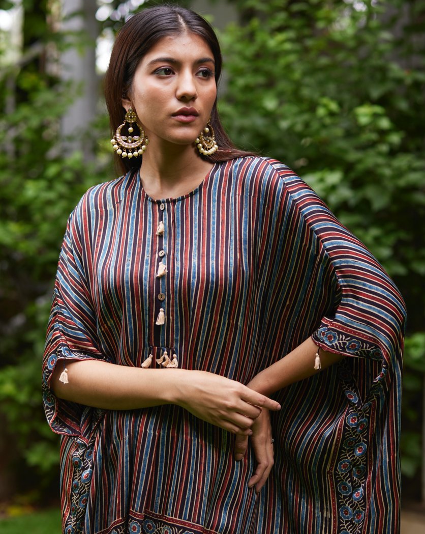 Black Striped Silk Kaftan at Kamakhyaa by Mayura Kumar. This item is Ajrakh Heritage, Black, Casual Wear, Dresses, Festive Wear, Kaftans, Mayura Kumar, Modal Silk, Prints, Relaxed Fit, Silk, Womenswear