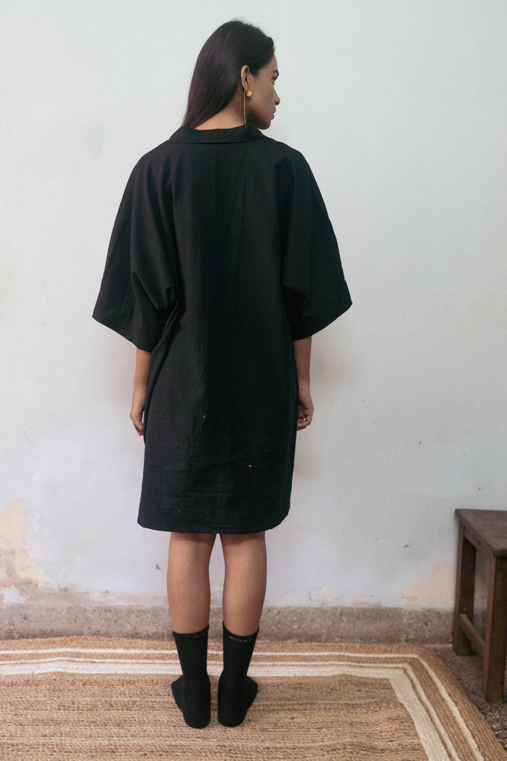 Black Tunic at Kamakhyaa by Deeta Clothing. This item is Black, Casual Wear, Handwoven Cotton, Mini Dresses, Natural with azo dyes, Relaxed Fit, Shibui AW22, Shirt Dresses, Womenswear