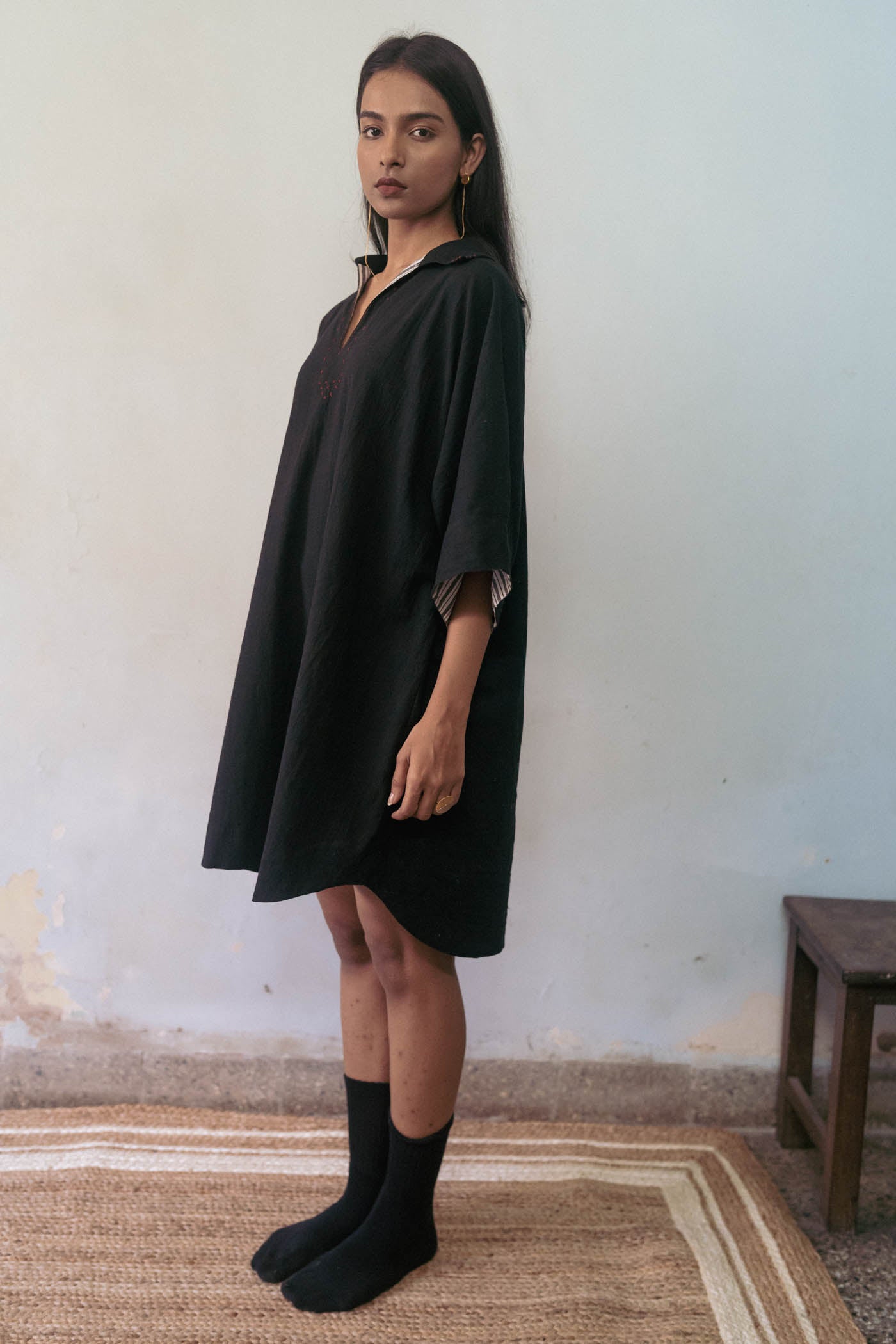 Black Tunic at Kamakhyaa by Deeta Clothing. This item is Black, Casual Wear, Handwoven Cotton, Mini Dresses, Natural with azo dyes, Relaxed Fit, Shibui AW22, Shirt Dresses, Womenswear