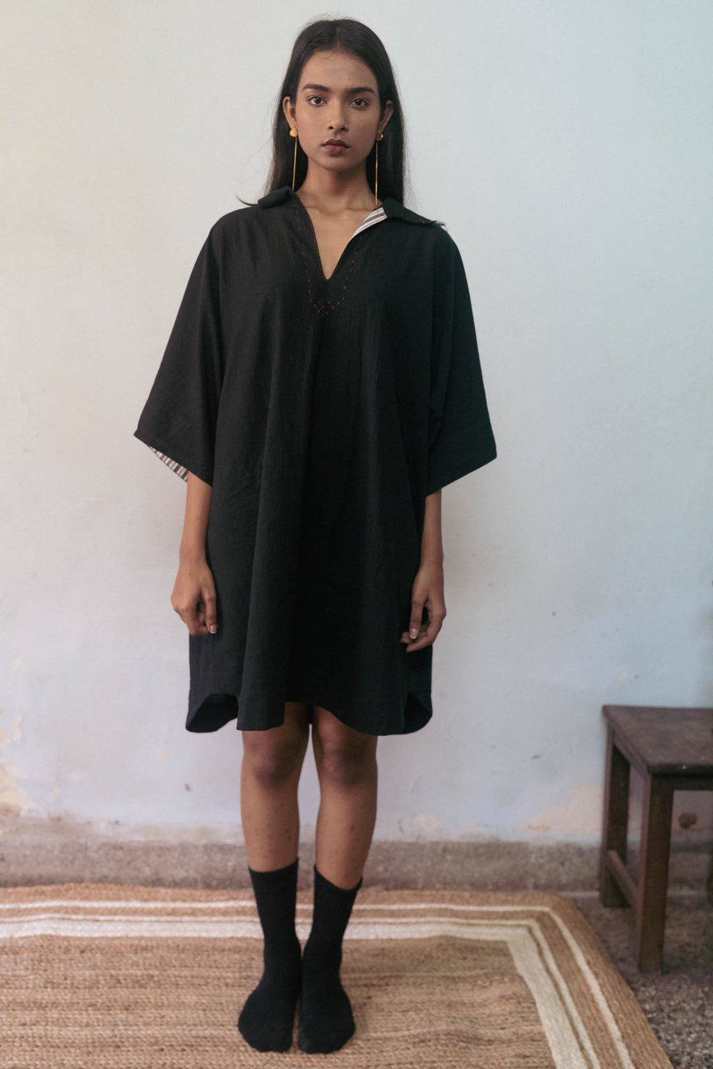 Black Tunic at Kamakhyaa by Deeta Clothing. This item is Black, Casual Wear, Handwoven Cotton, Mini Dresses, Natural with azo dyes, Relaxed Fit, Shibui AW22, Shirt Dresses, Womenswear