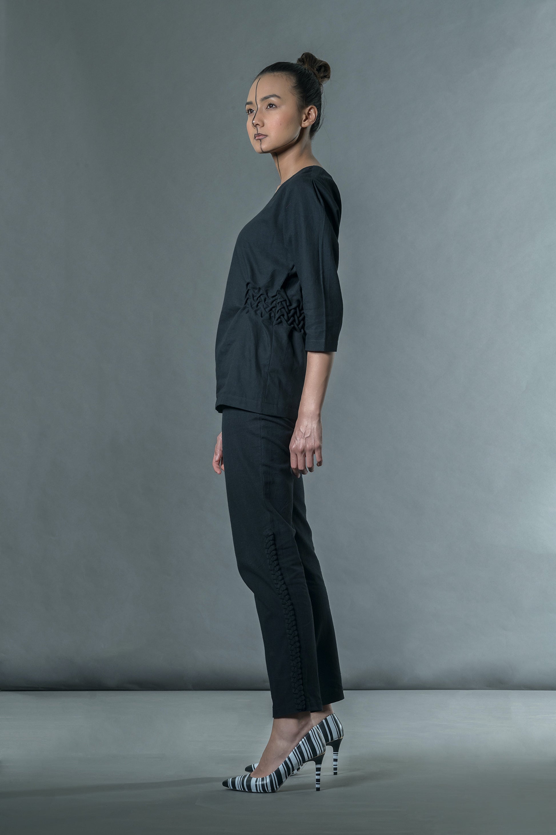 Black V-Neck Tunic Top at Kamakhyaa by Anushé Pirani. This item is Black, Blouses, Handwoven Cotton, July Sale, July Sale 2023, Natural, Office Wear, Regular Fit, sale anushe pirani, Solids, The Line Tales, Tops, Womenswear
