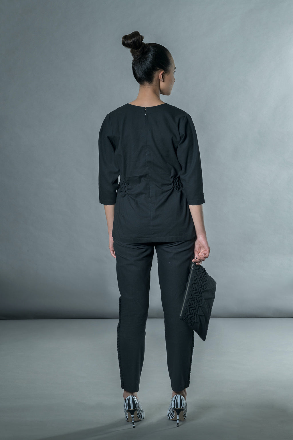 Black V-Neck Tunic Top at Kamakhyaa by Anushé Pirani. This item is Black, Blouses, Handwoven Cotton, July Sale, July Sale 2023, Natural, Office Wear, Regular Fit, sale anushe pirani, Solids, The Line Tales, Tops, Womenswear