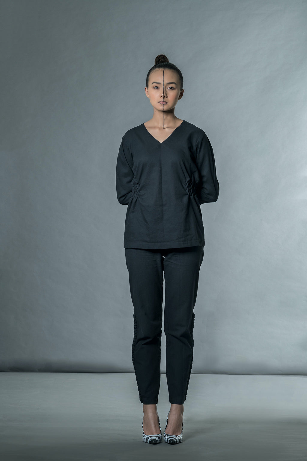 Black V-Neck Tunic Top at Kamakhyaa by Anushé Pirani. This item is Black, Blouses, Handwoven Cotton, July Sale, July Sale 2023, Natural, Office Wear, Regular Fit, sale anushe pirani, Solids, The Line Tales, Tops, Womenswear