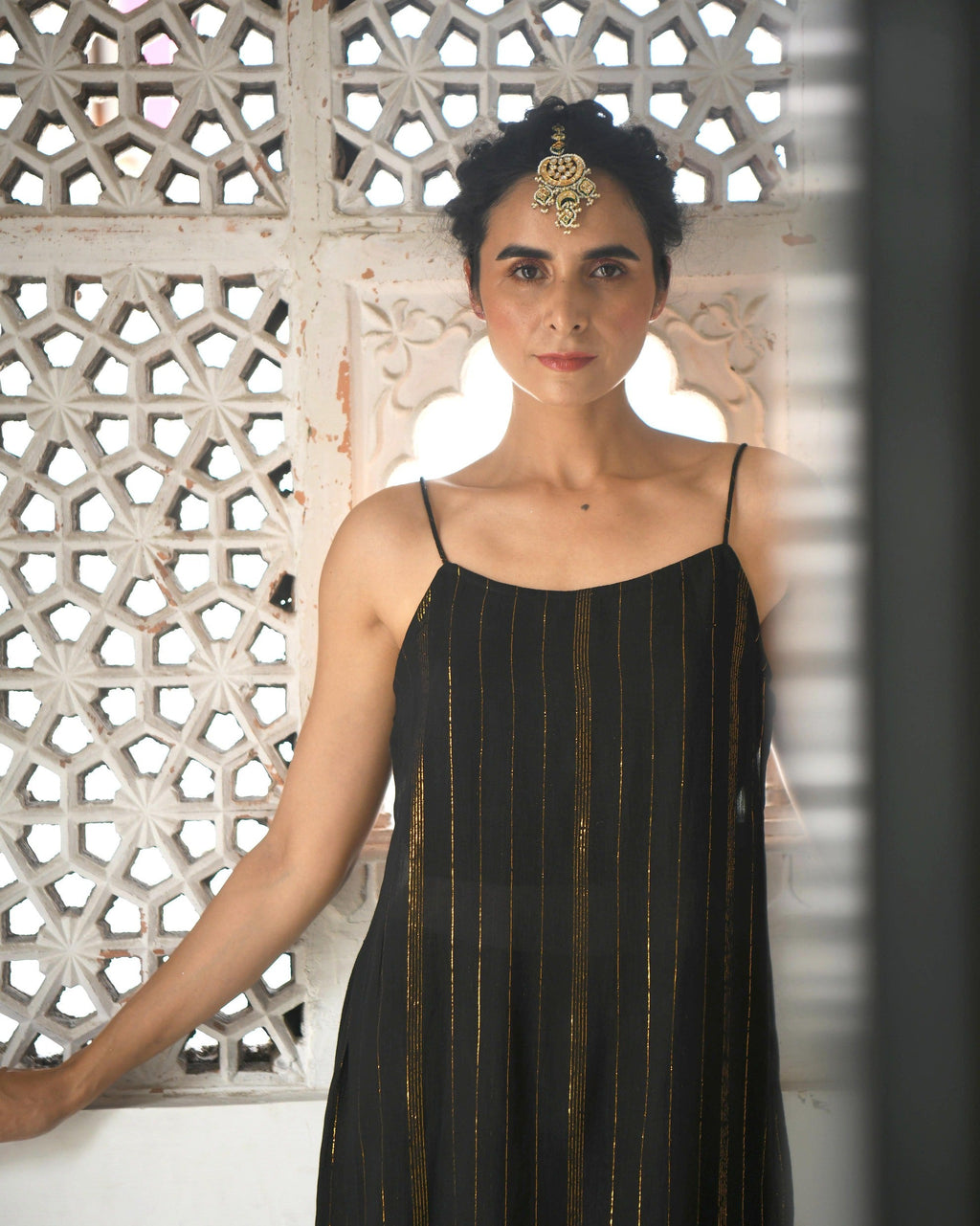 Black Zari Sleeveless Two Piece Set at Kamakhyaa by Taro. This item is Best Selling, Black, Co-ord Sets, Duplicate, Evening Wear, FB ADS JUNE, Handwoven cotton silk, Indian Wear, July Sale, July Sale 2023, Natural, party, Party Wear Co-ords, Regular Fit, Sitara Taro, Textured, Womenswear