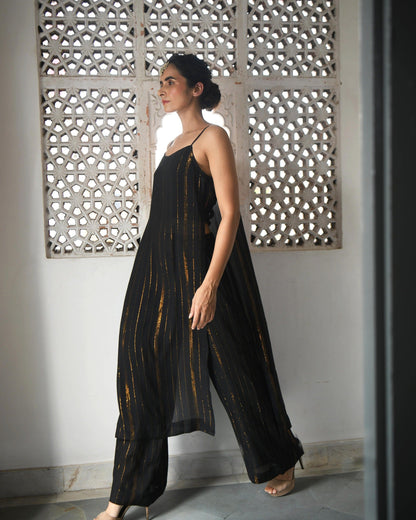 Black Zari Sleeveless Two Piece Set at Kamakhyaa by Taro. This item is Best Selling, Black, Co-ord Sets, Duplicate, Evening Wear, FB ADS JUNE, Handwoven cotton silk, Indian Wear, July Sale, July Sale 2023, Natural, party, Party Wear Co-ords, Regular Fit, Sitara Taro, Textured, Womenswear