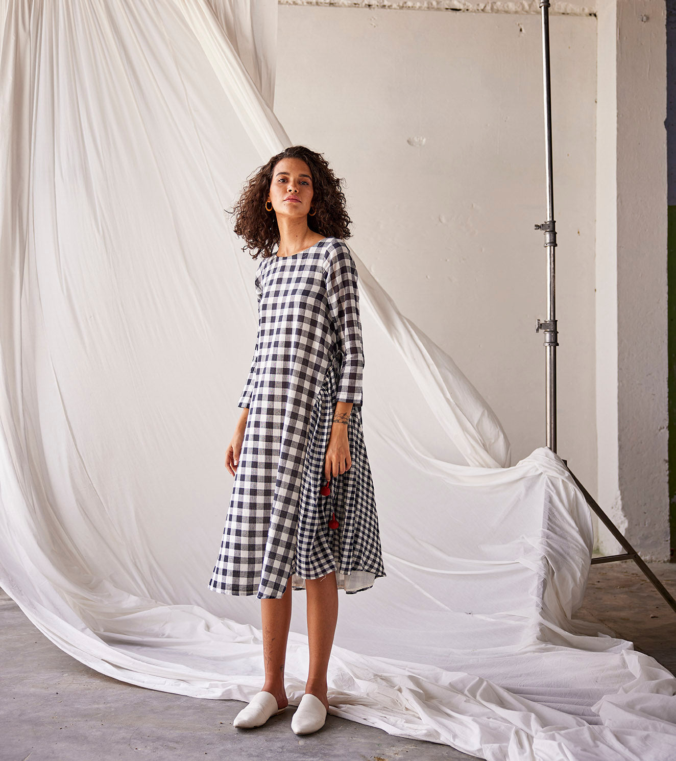 Black and White Cotton Dress at Kamakhyaa by Khara Kapas. This item is An Indian Summer, Black, Casual Wear, Checks, Cotton, Dresses, Midi Dresses, Mulmul cotton, Organic, Relaxed Fit, White, Womenswear