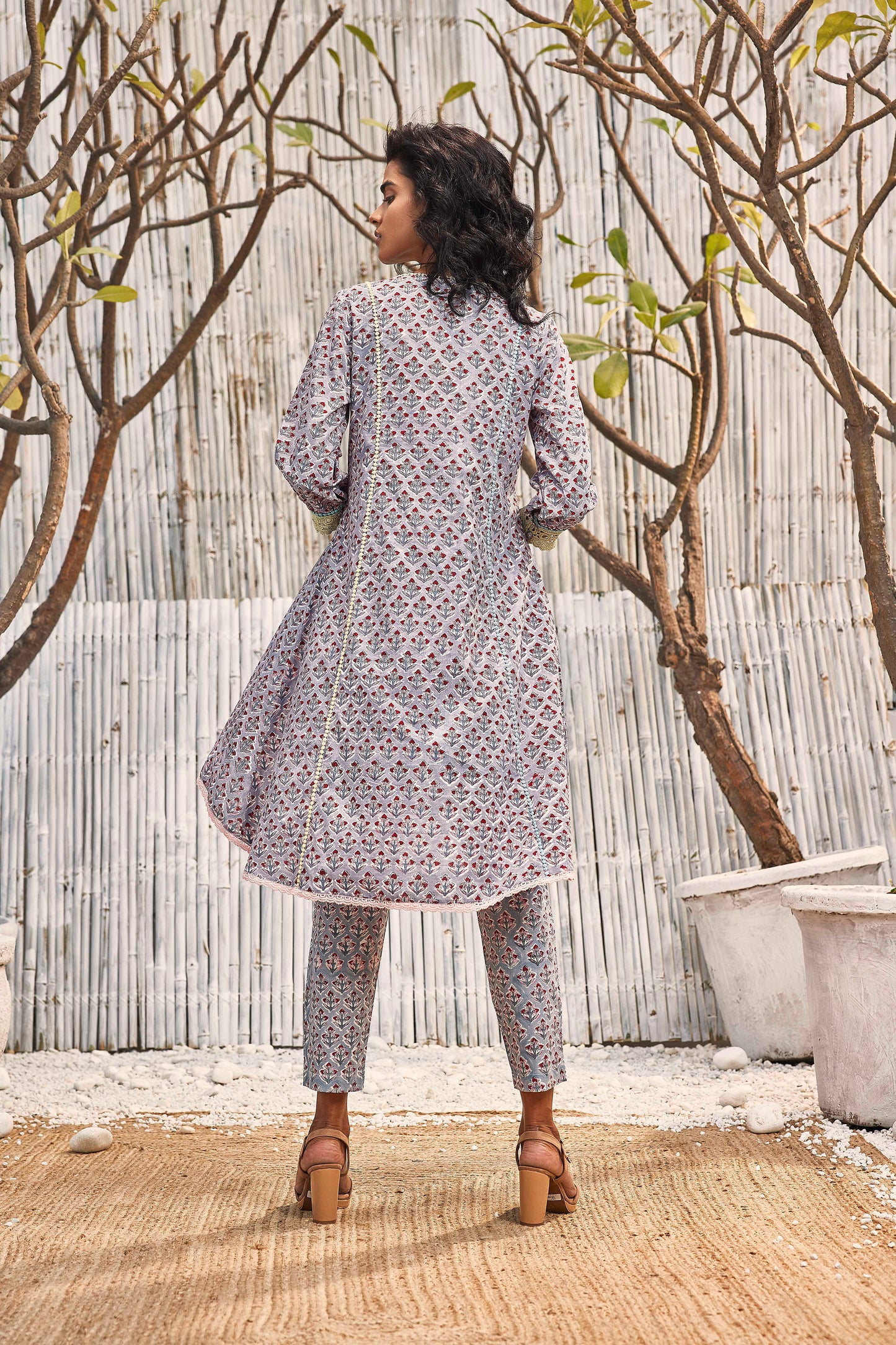Block Print High Low Kurta with Pant - Set of 2 - Grey at Kamakhyaa by Charkhee. This item is Cotton, Festive Wear, For Mother, Grey, Indian Wear, Kurta Pant Sets, Natural, Regular Fit, Shores 23, Solids, Womenswear