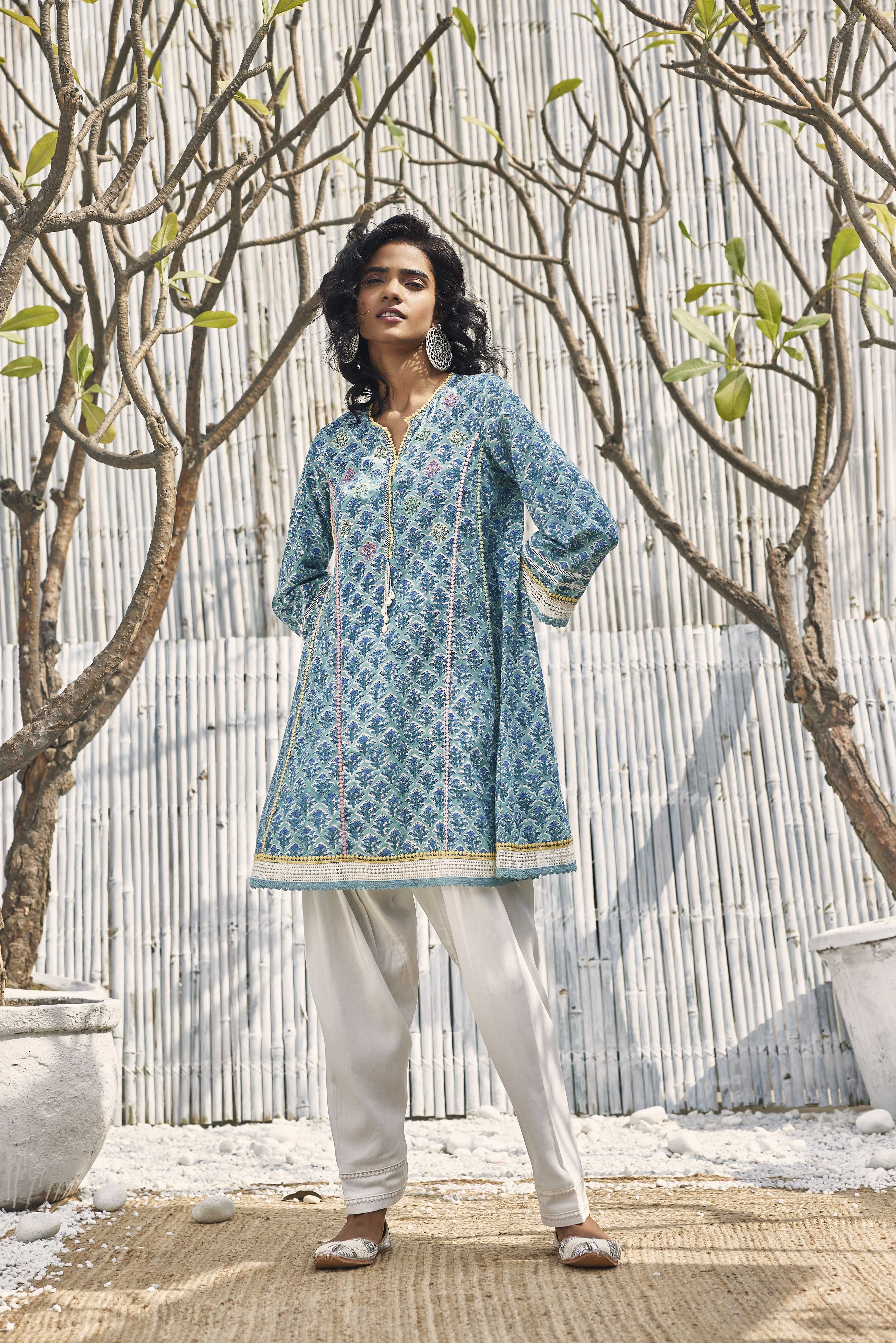 Jaipur Kurta Set - Navy Blue And Off-White Printed Kurta with Trousers & Dupatta - Indian Dress - Salwar Kameez - Salwar offers Suit