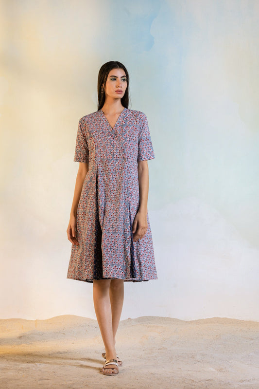 Block Print Short Wrap Dress at Kamakhyaa by Charkhee. This item is Casual Wear, Cotton, For Daughter, Grey, Natural, Prints, Regular Fit, Resort Wear, Womenswear, Wrap Dresses