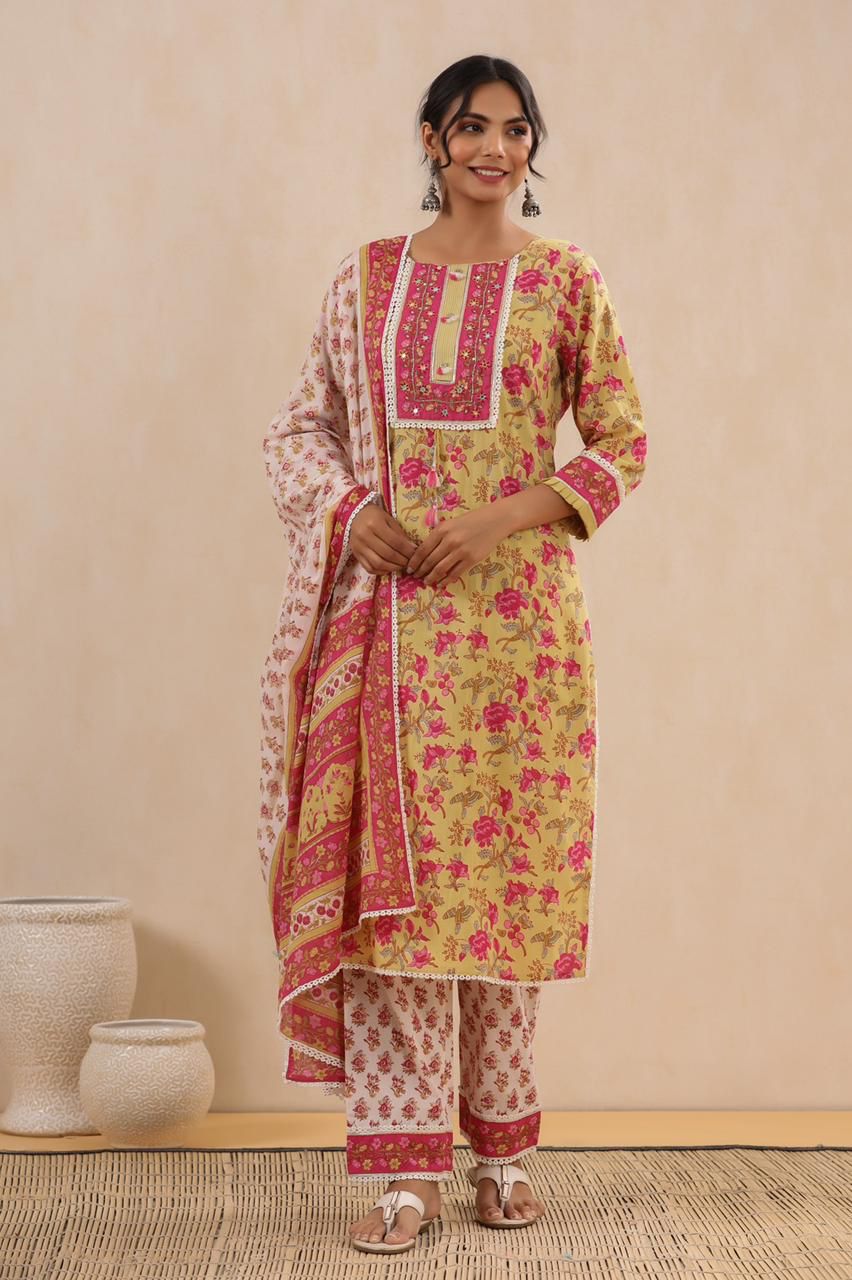 Block Print Three Piece Set at Kamakhyaa by Kamakhyaa. This item is Block Prints, Cotton, Ethnic Wear, Kurta Pant Sets, Kurta Set with Dupattas, Natural, Regular Fit, Womenswear, Yellow