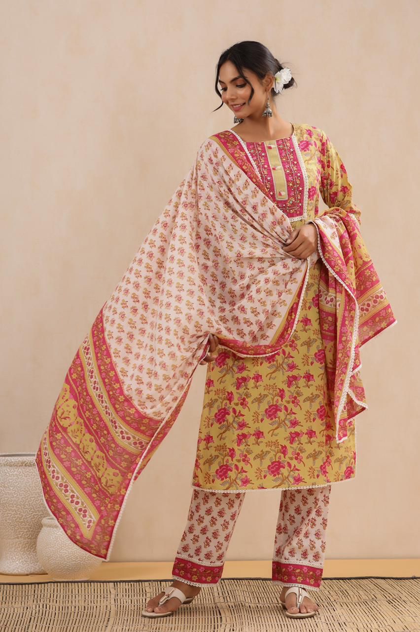 Block Print Three Piece Set at Kamakhyaa by Kamakhyaa. This item is Block Prints, Cotton, Ethnic Wear, Kurta Pant Sets, Kurta Set with Dupattas, Natural, Regular Fit, Womenswear, Yellow