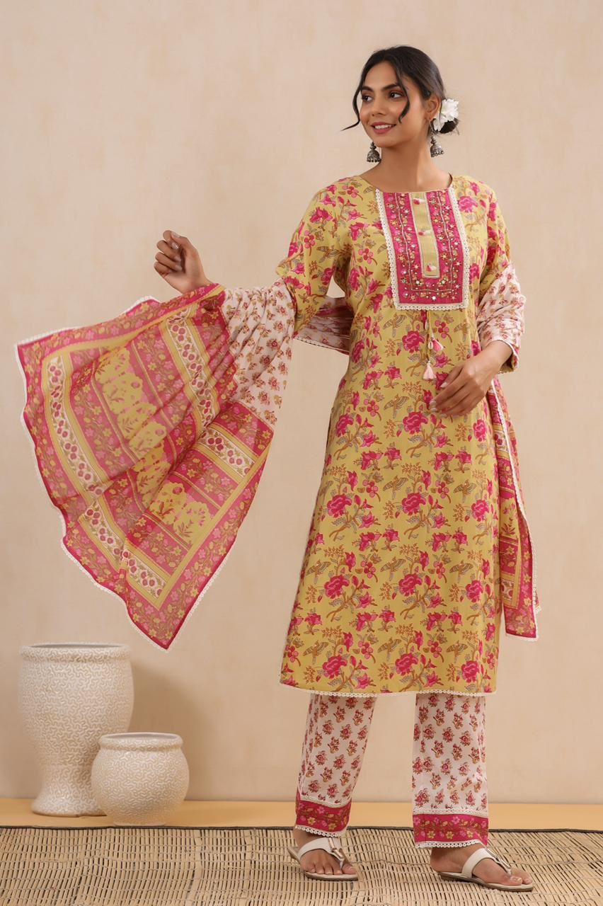 Block Print Three Piece Set at Kamakhyaa by Kamakhyaa. This item is Block Prints, Cotton, Ethnic Wear, Kurta Pant Sets, Kurta Set with Dupattas, Natural, Regular Fit, Womenswear, Yellow