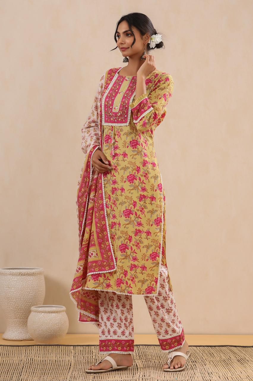 Block Print Three Piece Set at Kamakhyaa by Kamakhyaa. This item is Block Prints, Cotton, Ethnic Wear, Kurta Pant Sets, Kurta Set with Dupattas, Natural, Regular Fit, Womenswear, Yellow