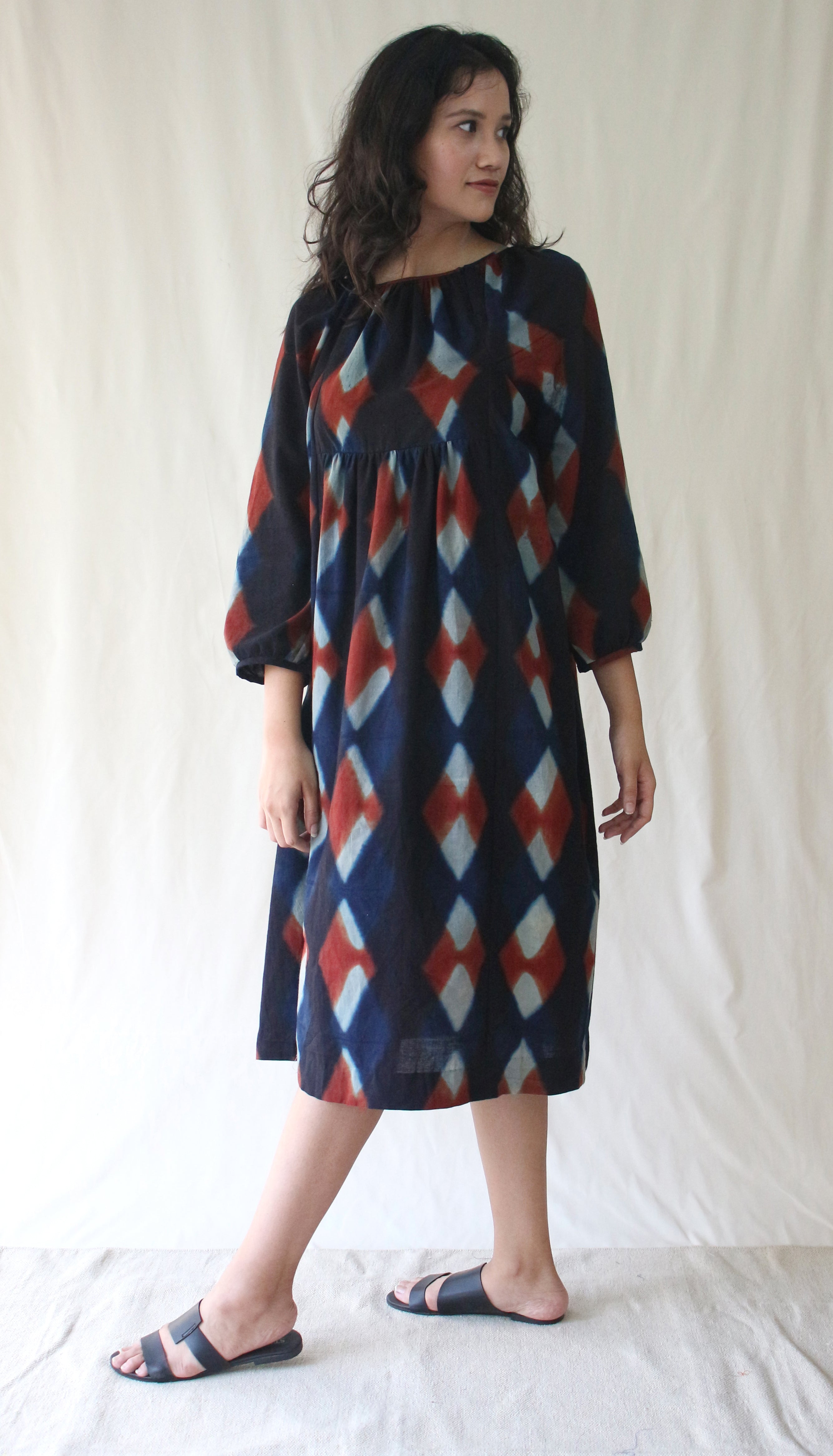 Blue 3/4th Sleeve Midi Dress at Kamakhyaa by Chambray & Co.. This item is Blue, Casual Wear, Hand Spun Cotton, Midi Dresses, Natural, Ombre & Dyes, Regular Fit, Womenswear