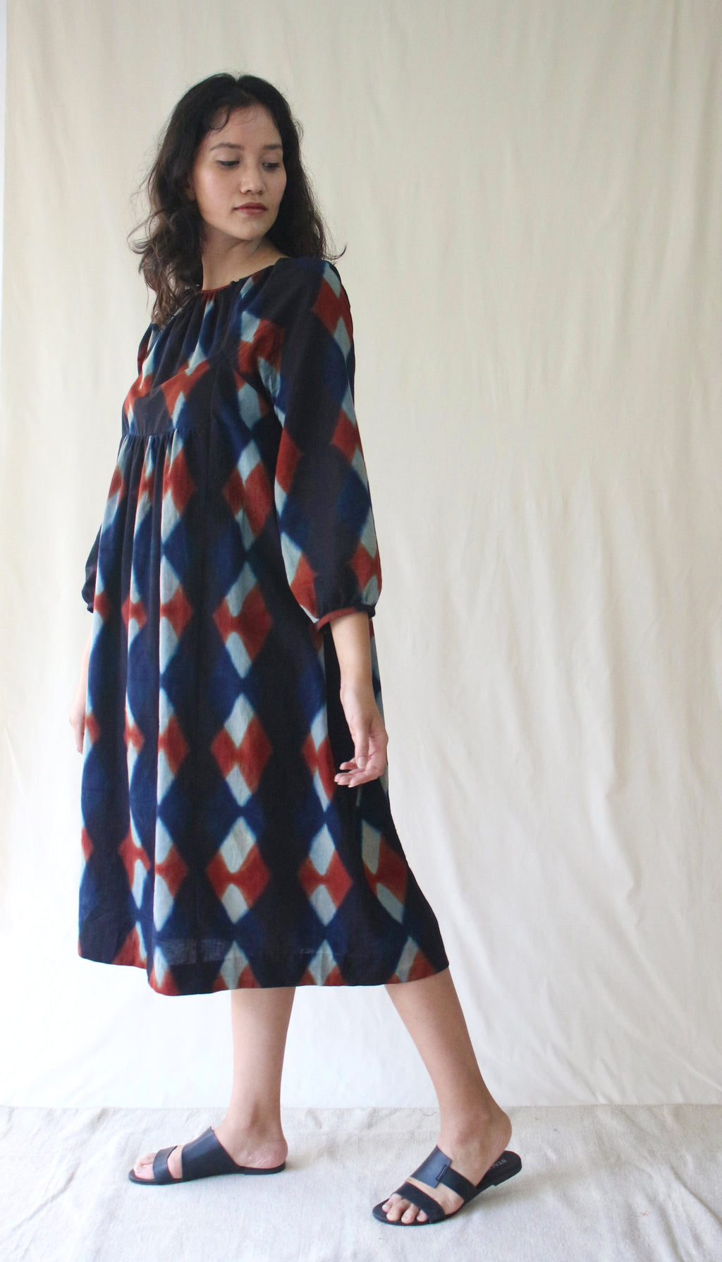 Blue 3/4th Sleeve Midi Dress at Kamakhyaa by Chambray & Co.. This item is Blue, Casual Wear, Hand Spun Cotton, Midi Dresses, Natural, Ombre & Dyes, Regular Fit, Womenswear