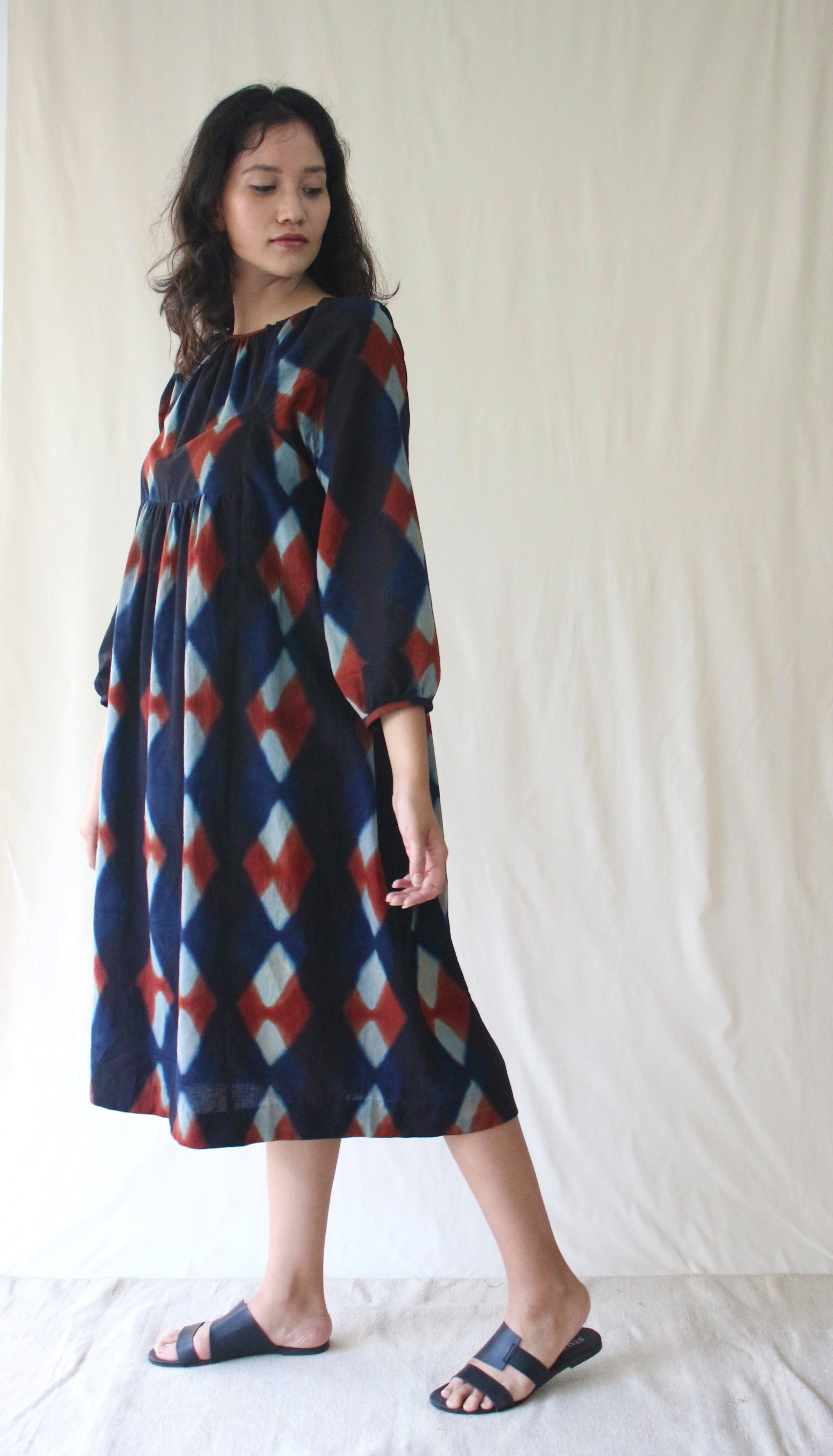 Blue 3/4th Sleeve Midi Dress at Kamakhyaa by Chambray & Co.. This item is Blue, Casual Wear, Hand Spun Cotton, Midi Dresses, Natural, Ombre & Dyes, Regular Fit, Womenswear