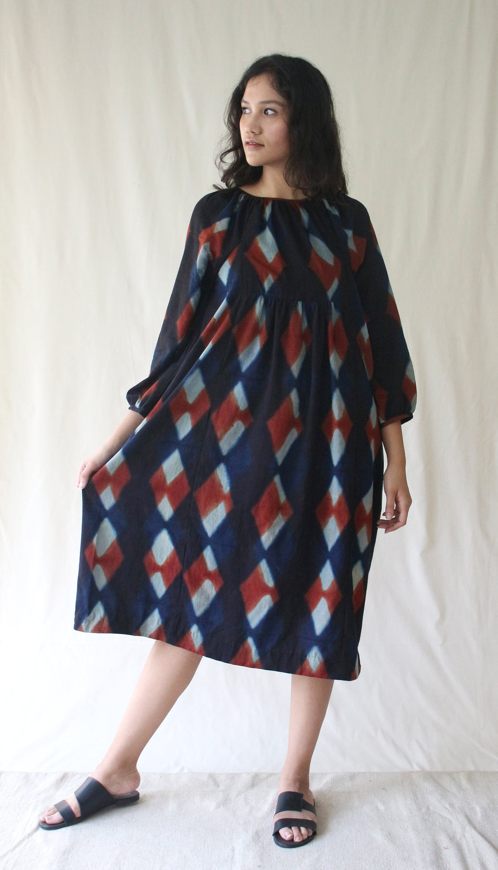 Blue 3/4th Sleeve Midi Dress at Kamakhyaa by Chambray & Co.. This item is Blue, Casual Wear, Hand Spun Cotton, Midi Dresses, Natural, Ombre & Dyes, Regular Fit, Womenswear