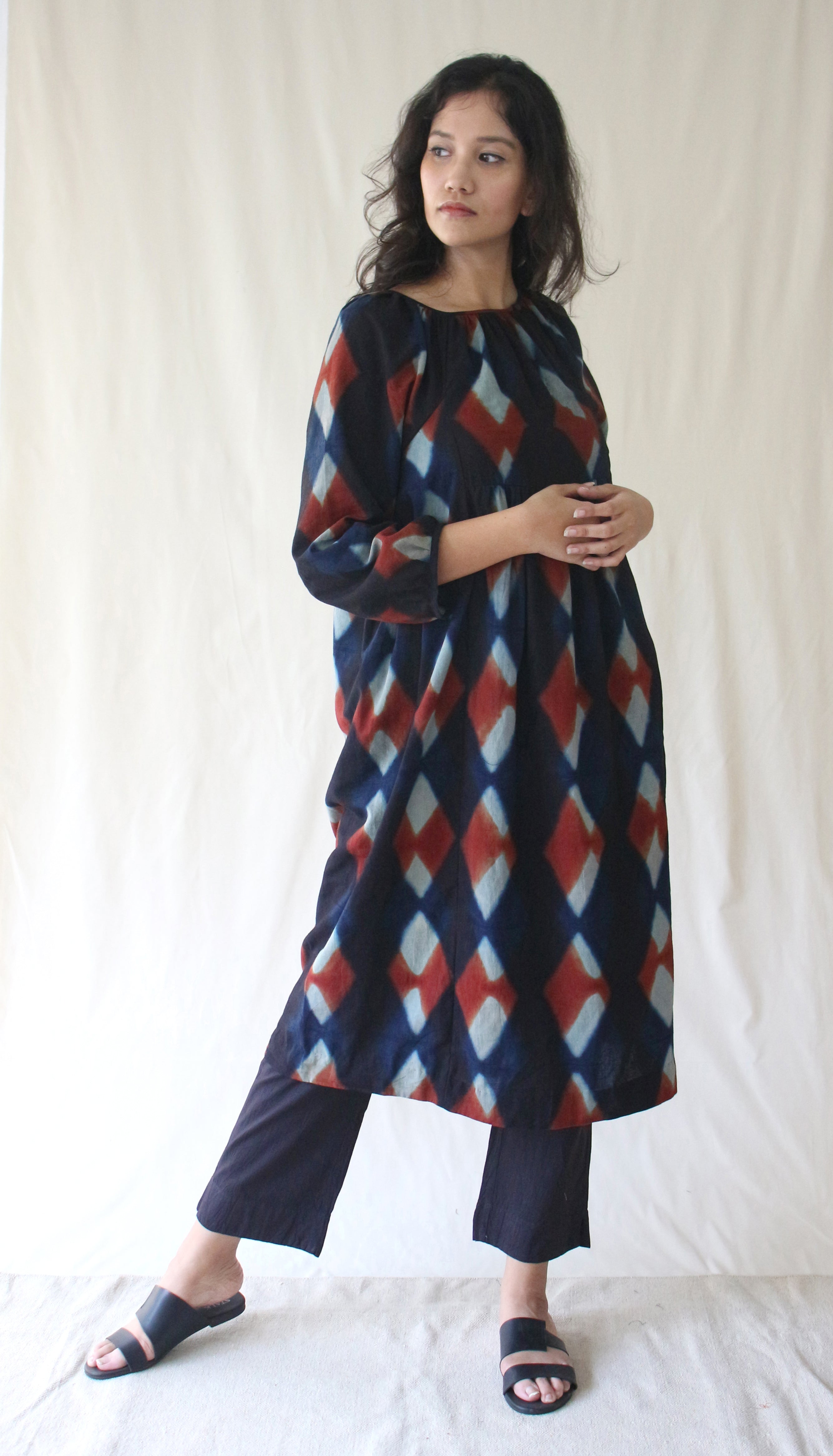 Blue 3/4th Sleeve Midi Dress at Kamakhyaa by Chambray & Co.. This item is Blue, Casual Wear, Hand Spun Cotton, Midi Dresses, Natural, Ombre & Dyes, Regular Fit, Womenswear