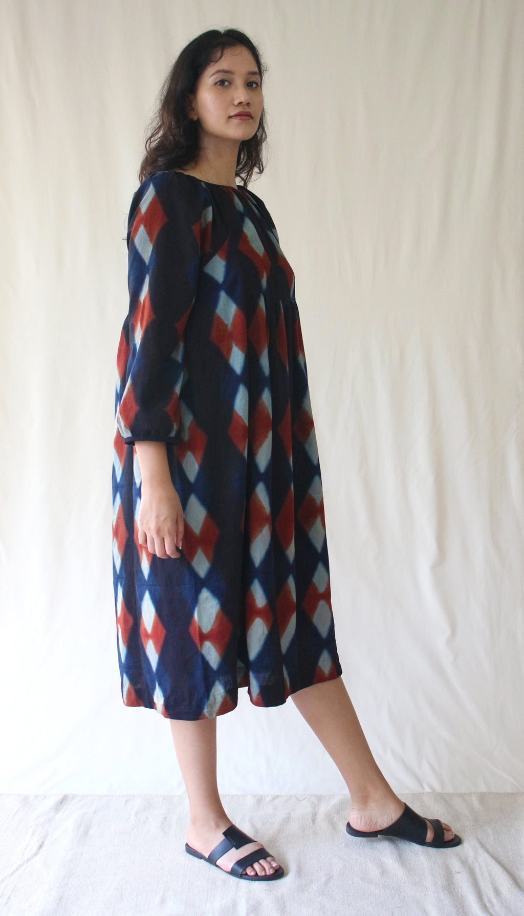 Blue 3/4th Sleeve Midi Dress at Kamakhyaa by Chambray & Co.. This item is Blue, Casual Wear, Hand Spun Cotton, Midi Dresses, Natural, Ombre & Dyes, Regular Fit, Womenswear