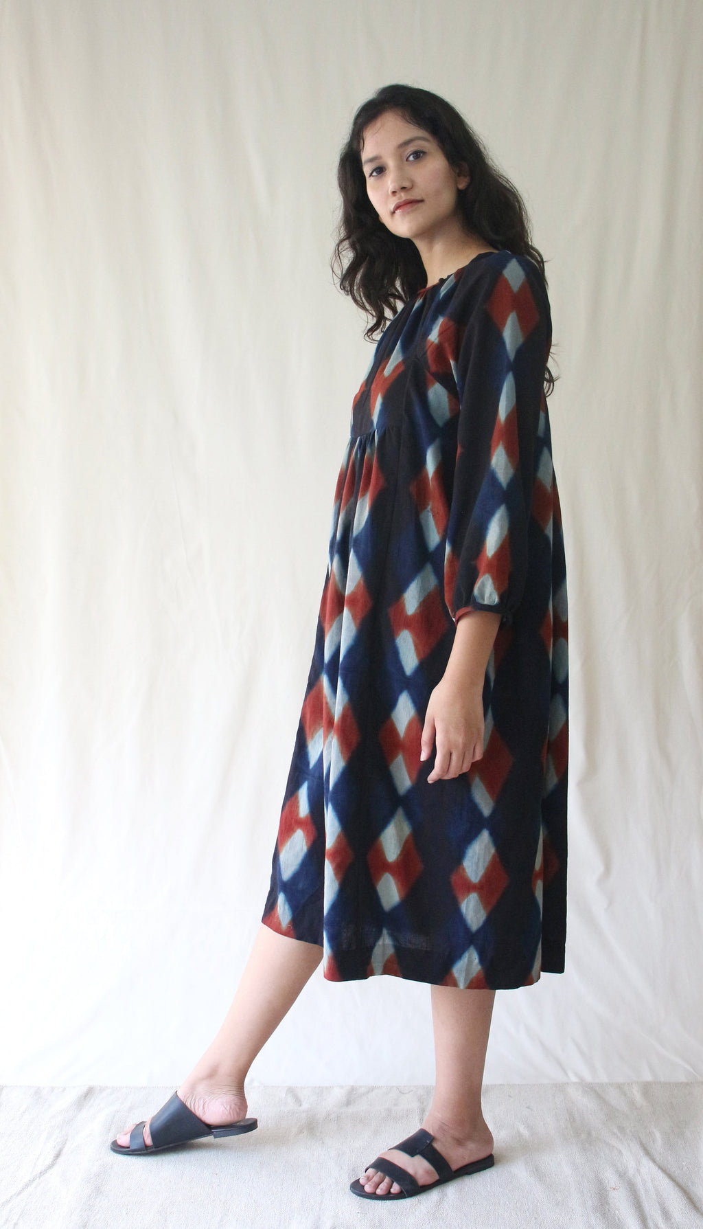 Blue 3/4th Sleeve Midi Dress at Kamakhyaa by Chambray & Co.. This item is Blue, Casual Wear, Hand Spun Cotton, Midi Dresses, Natural, Ombre & Dyes, Regular Fit, Womenswear